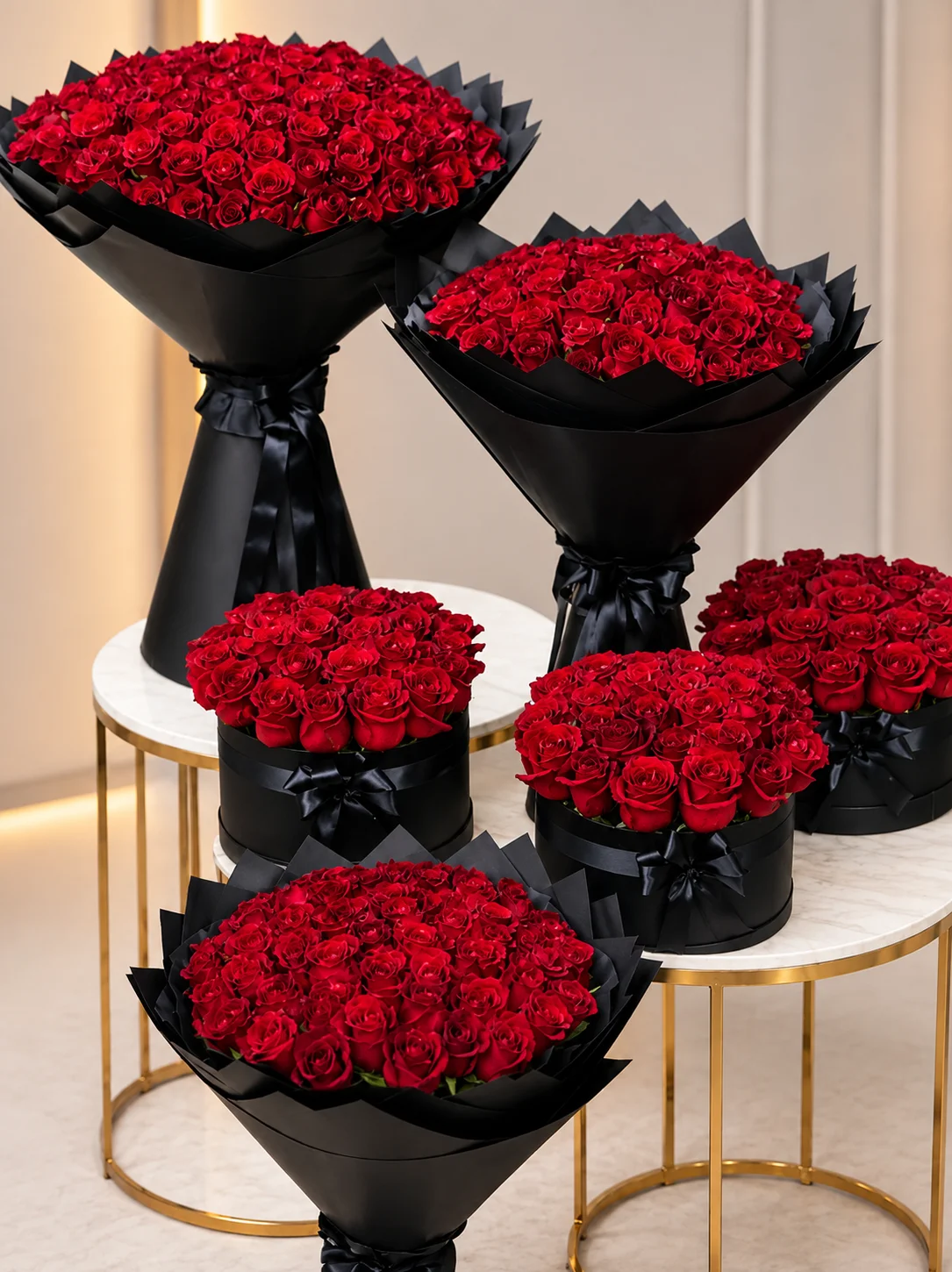 Luxury collection of deep red roses in elegant black bouquets and hatboxes