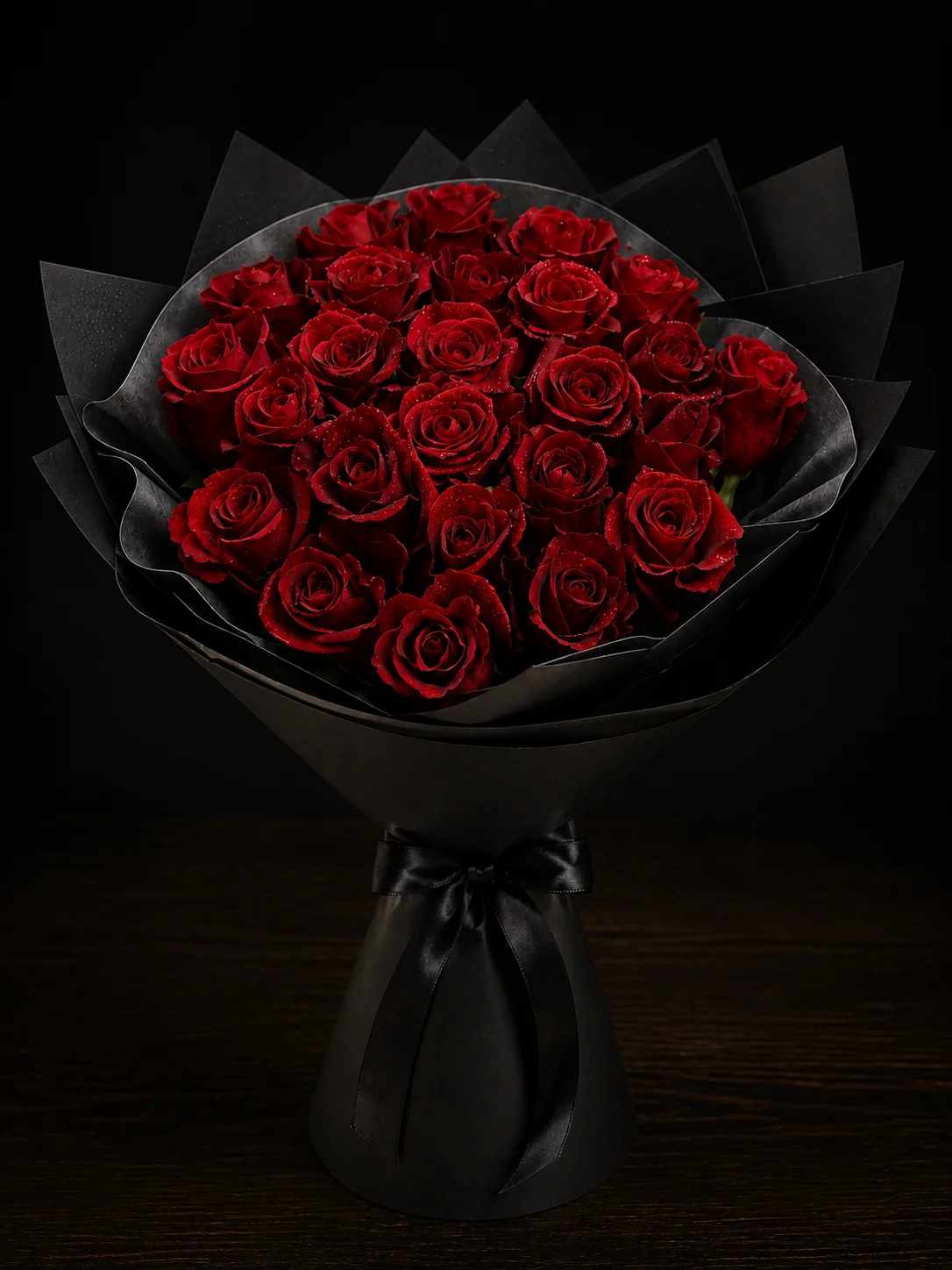 Luxury red rose bouquet wrapped in black with a gold ribbon