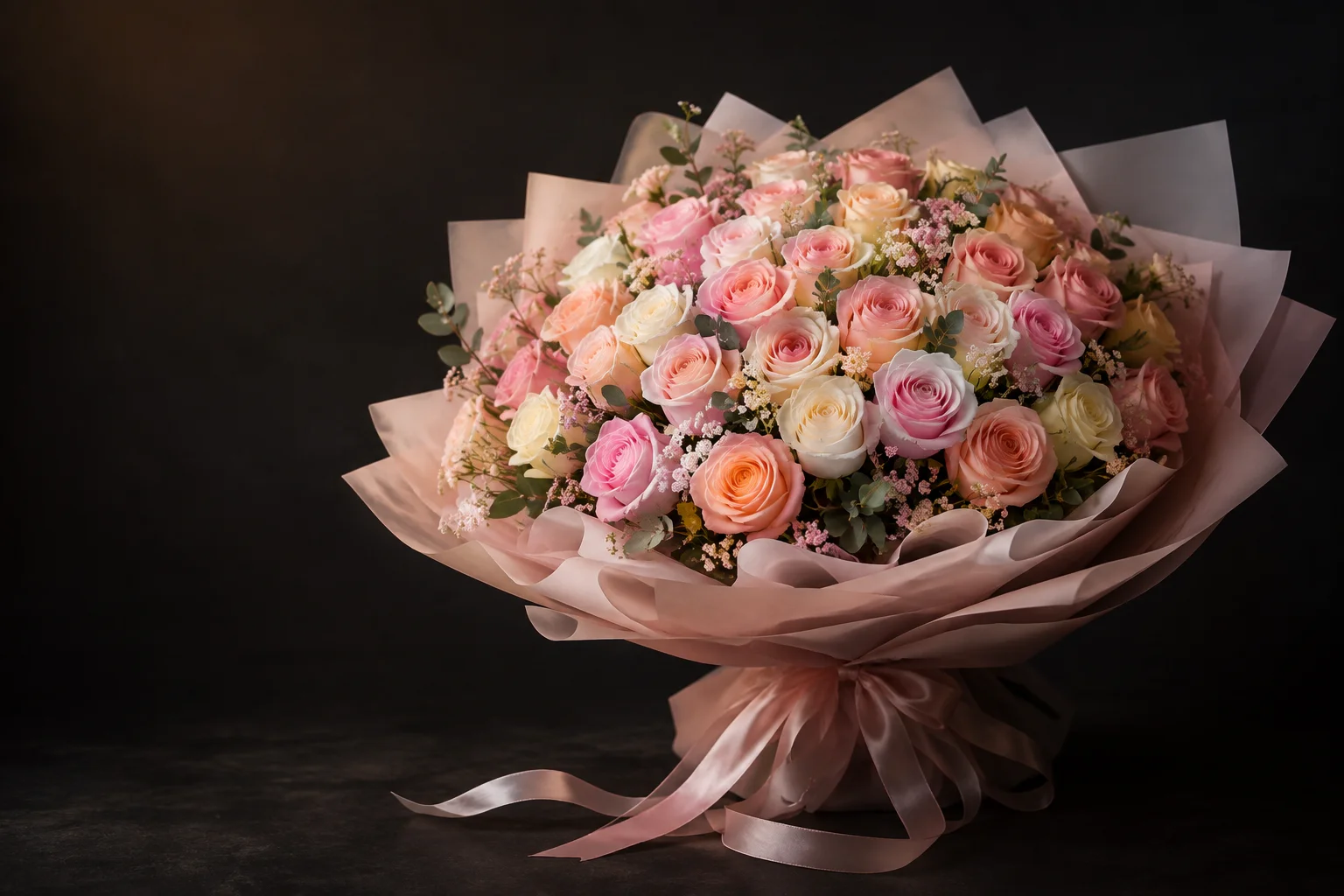 Birthday flower arrangement with pastel roses and tulips