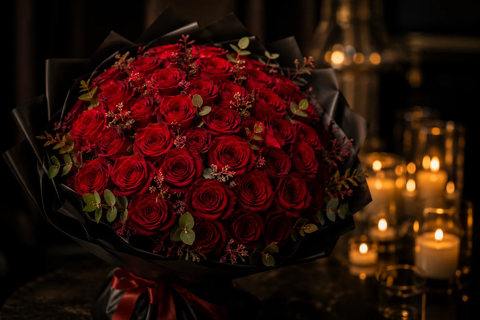 Proposal rose setting with candlelight