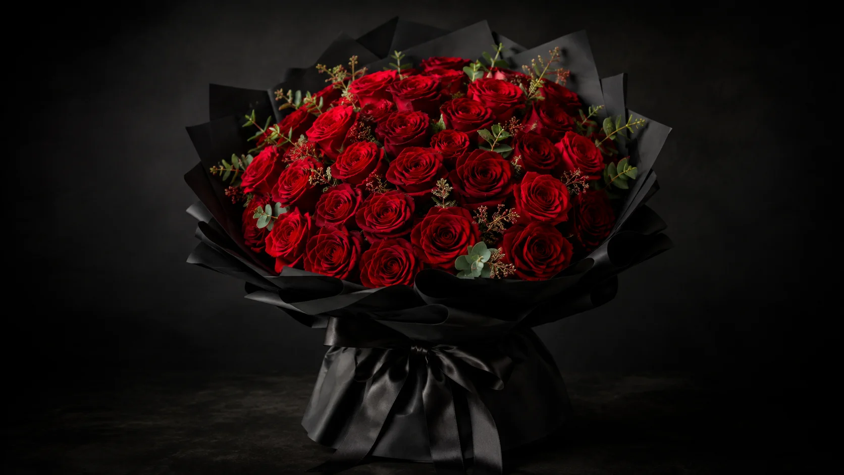 Noir rose bouquet with red roses and gold ribbon