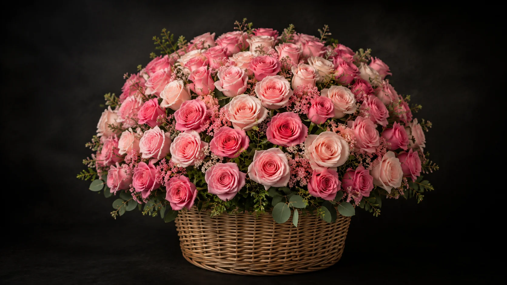 Grand basket of red roses with greenery and gold handle