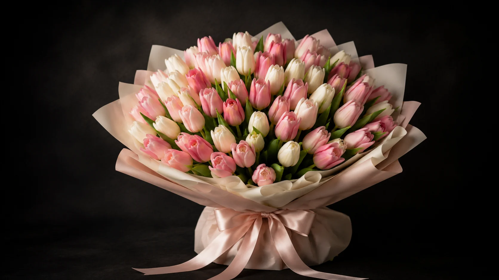 Blush roses and tulips in a black vase with gold trim
