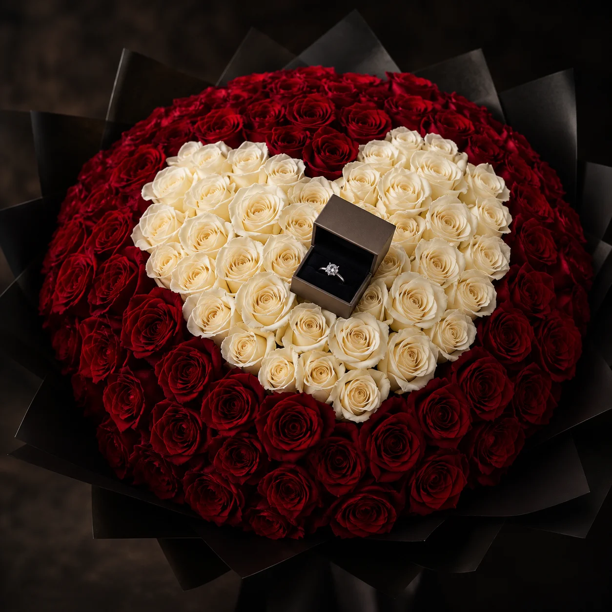 A heart of pure white roses surrounded by passionate red