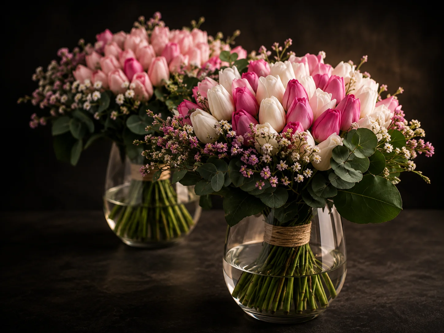 Luxury floral arrangement featuring soft blush pink and ivory tulips with delicate filler flowers and eucalyptus greenery, displayed in a clear glass vase