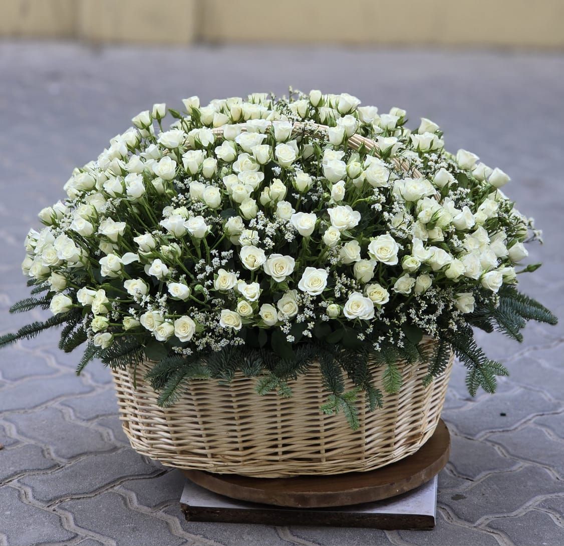 A lush basket overflowing with delicate white spray roses and fresh green foliage.