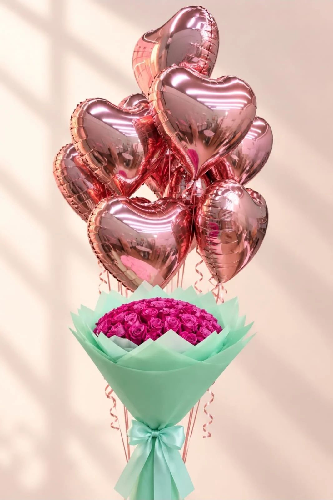 A romantic rose-pink balloon arrangement, perfect for birthdays, anniversaries, surprises, and heartfelt celebrations.